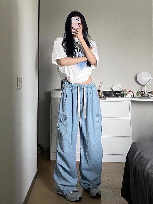 Baggy Pleated Drawstring Multi-Pocket Flare Cargo Pants